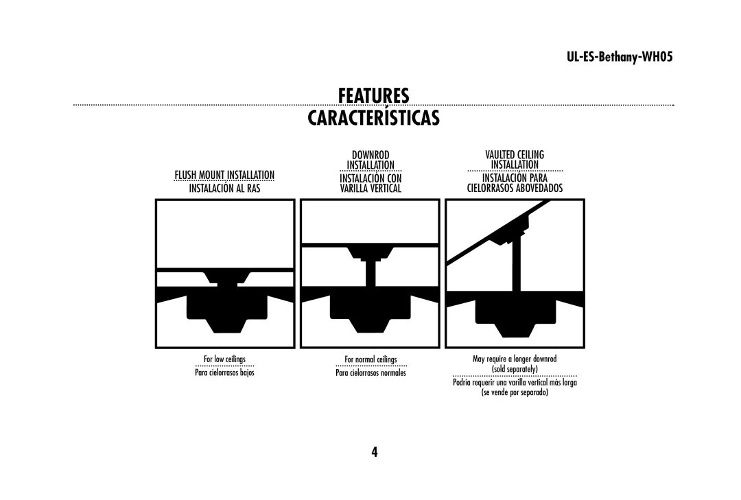 Westinghouse UL-ES-Bethany-WH05 owner manual Features Características 