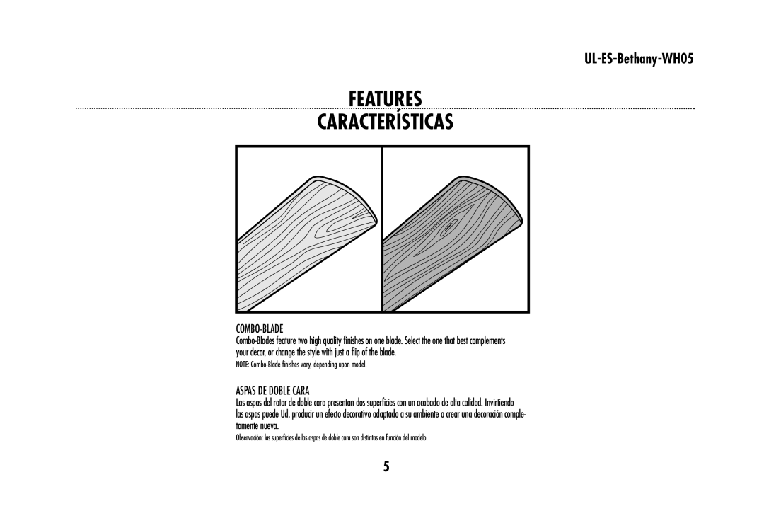Westinghouse UL-ES-Bethany-WH05 owner manual Combo-Blade, Aspas DE Doble Cara 