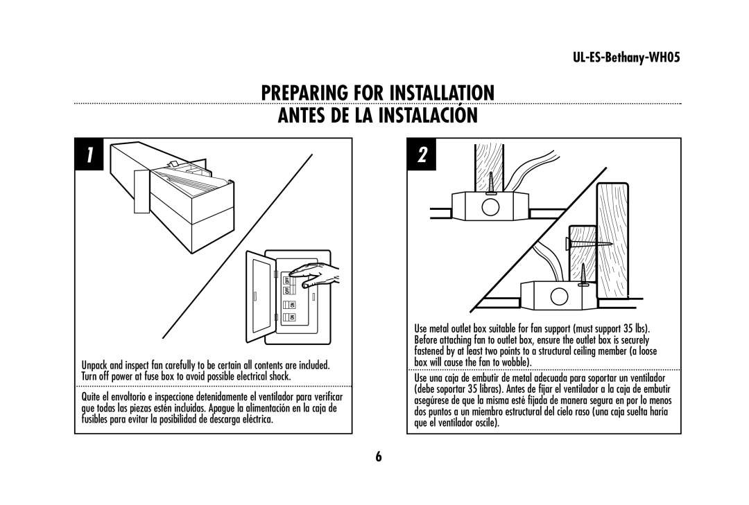 Westinghouse UL-ES-Bethany-WH05 owner manual Preparing for Installation Antes DE LA Instalación 