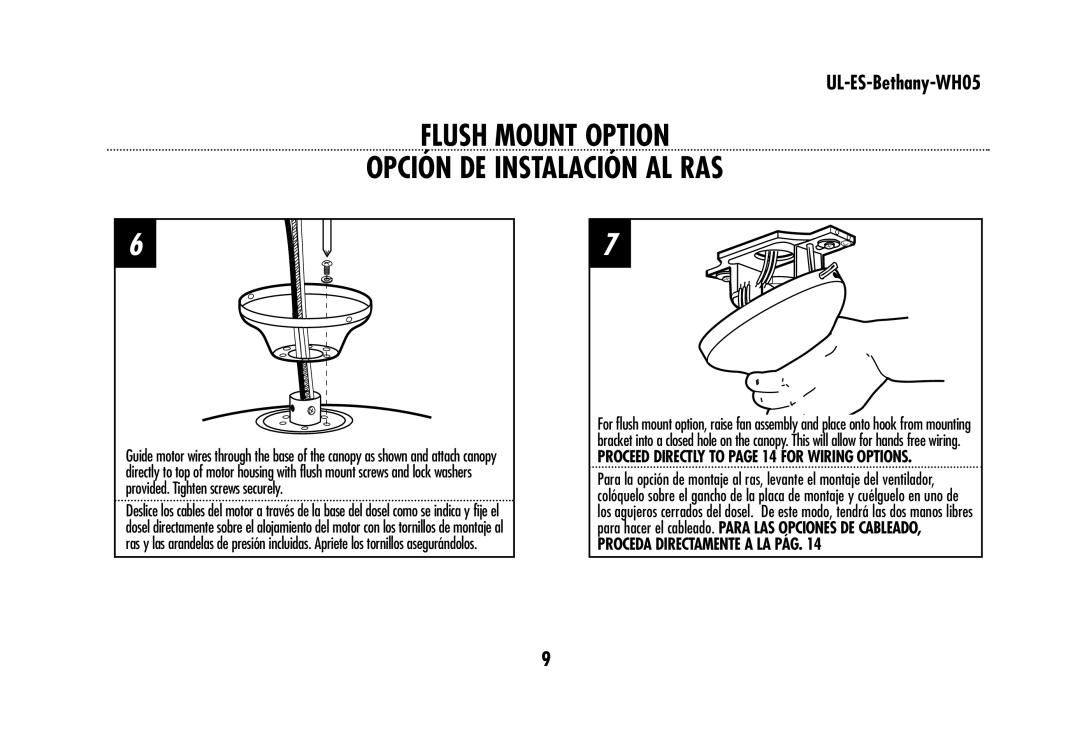 Westinghouse UL-ES-Bethany-WH05 owner manual Flush Mount Option Opción DE Instalación AL RAS 