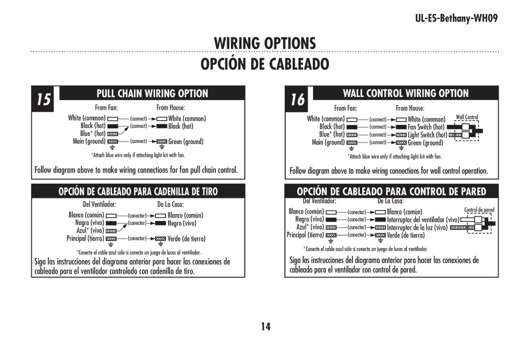 Westinghouse ul-es-bethany-who9 owner manual Wiring Options, Opción DE Cableado 