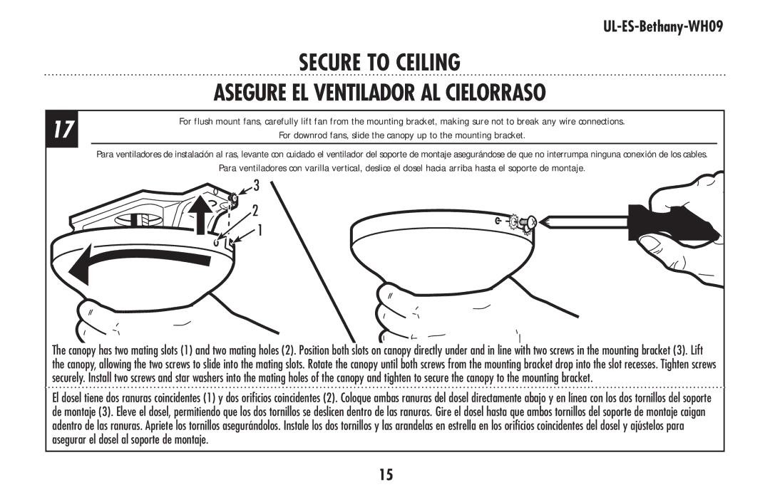 Westinghouse ul-es-bethany-who9 owner manual Asegure el ventilador al cielorraso 