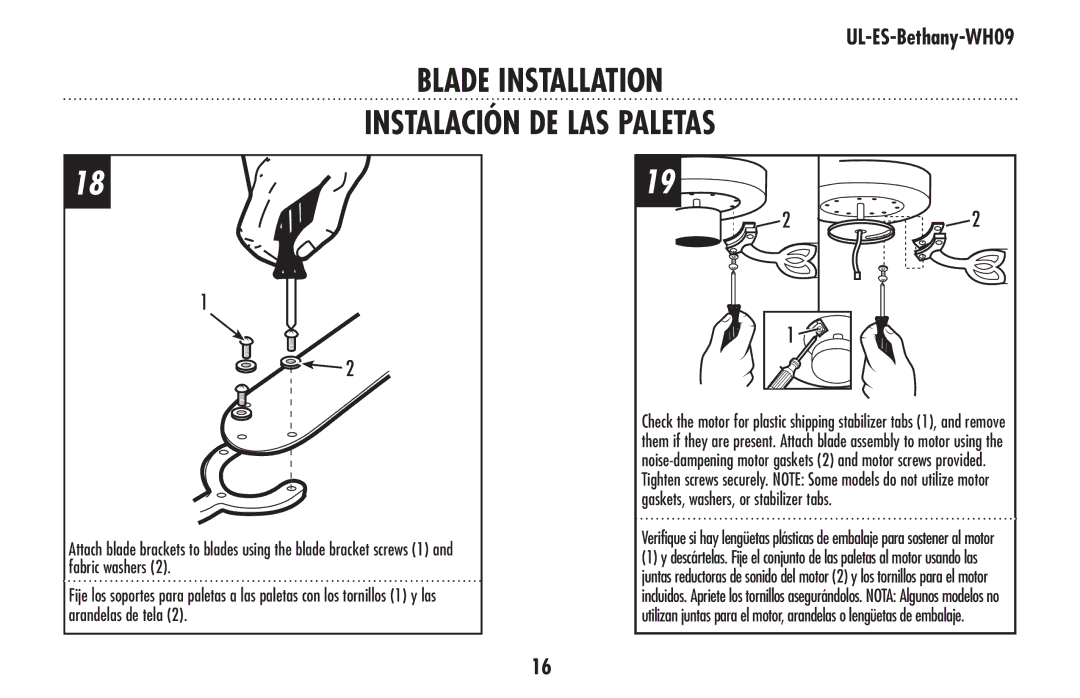 Westinghouse ul-es-bethany-who9 owner manual Blade Installation Instalación de las paletas 