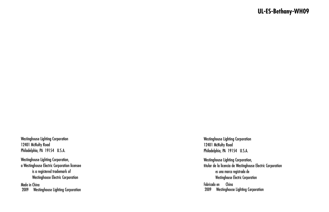 Westinghouse ul-es-bethany-who9 owner manual UL-ES-Bethany-WH09 