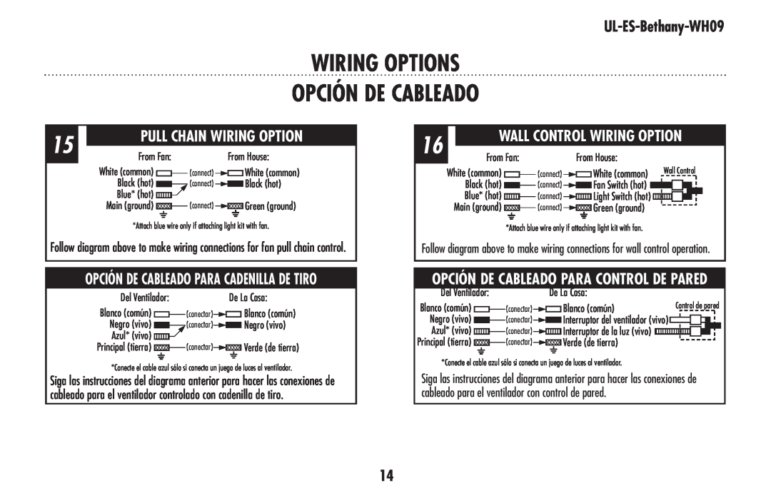 Westinghouse ul-es-bethany-who9 wiring OPTIONS OPCIÓN DE CABLEADO, UL-ES-Bethany-WH09, Pull Chain Wiring Option 
