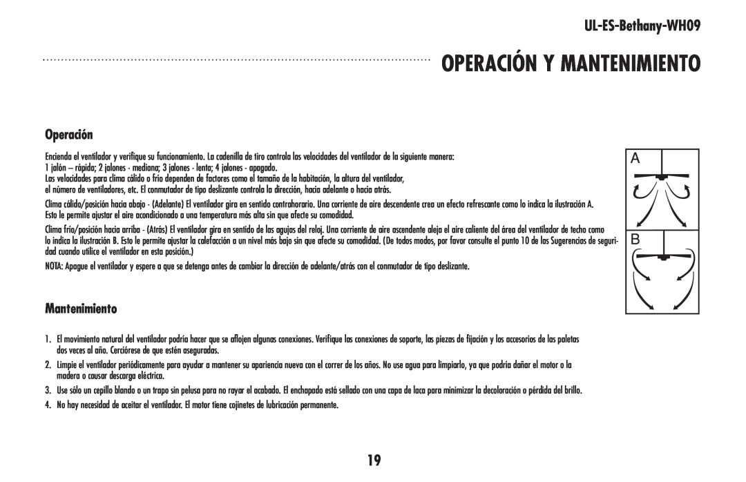 Westinghouse ul-es-bethany-who9 owner manual Operación y mantenimiento, Mantenimiento, UL-ES-Bethany-WH09 