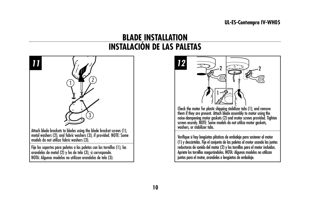 Westinghouse UL-ES-Contempra IV-WH05 owner manual Blade Installation Instalación DE LAS Paletas 