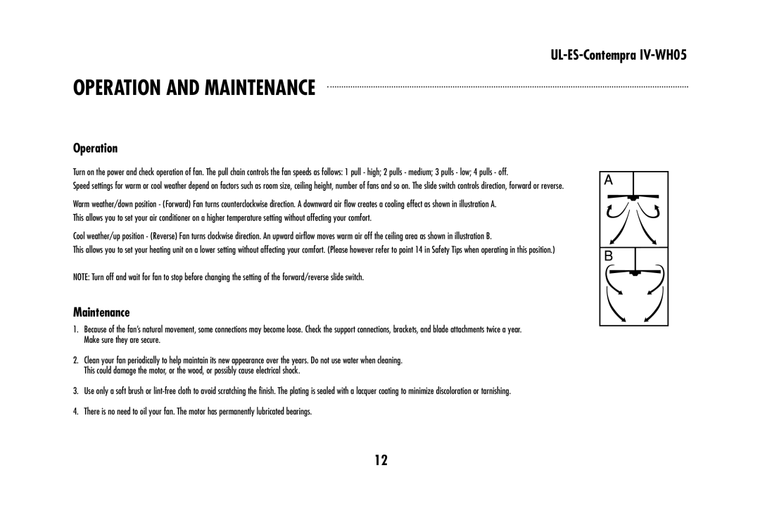 Westinghouse UL-ES-Contempra IV-WH05 owner manual Operation and Maintenance 