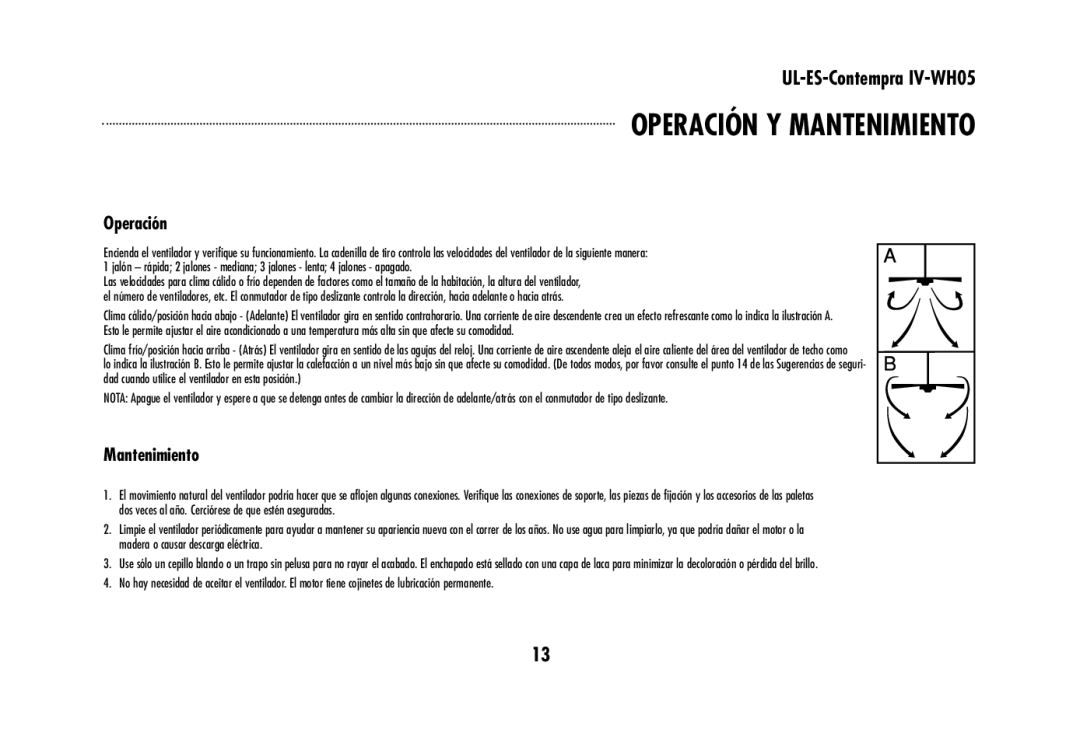 Westinghouse UL-ES-Contempra IV-WH05 owner manual Operación Y Mantenimiento 