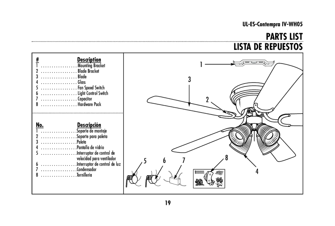 Westinghouse UL-ES-Contempra IV-WH05 owner manual Parts List Lista DE Repuestos, Description 