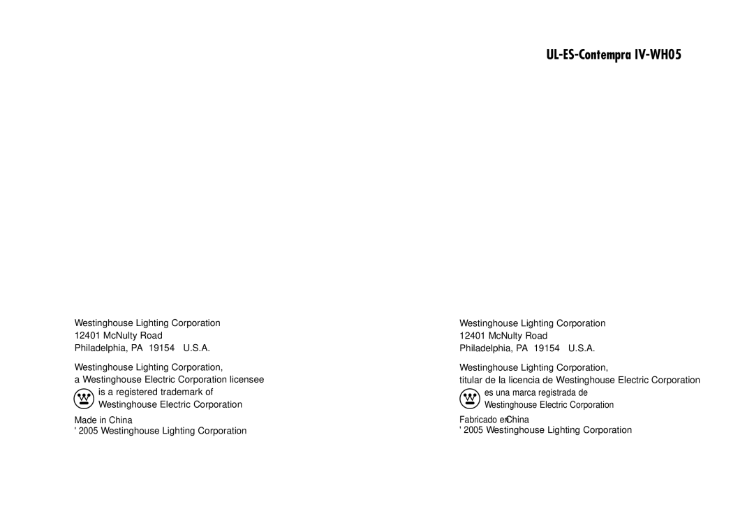 Westinghouse UL-ES-Contempra IV-WH05 owner manual 