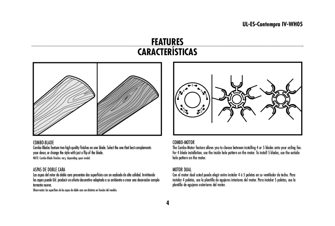 Westinghouse UL-ES-Contempra IV-WH05 owner manual Combo-Blade, Combo-Motor, Aspas DE Doble Cara, Motor Dual 