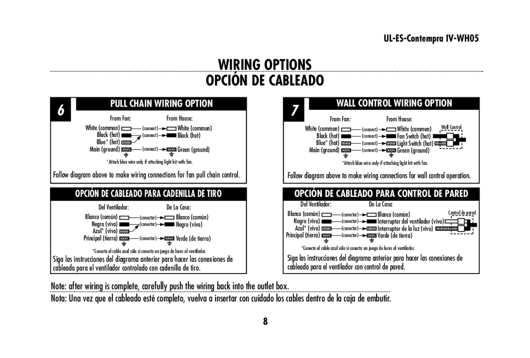 Westinghouse UL-ES-Contempra IV-WH05 owner manual Wiring Options Opción DE Cableado, Wall Control Wiring Option 