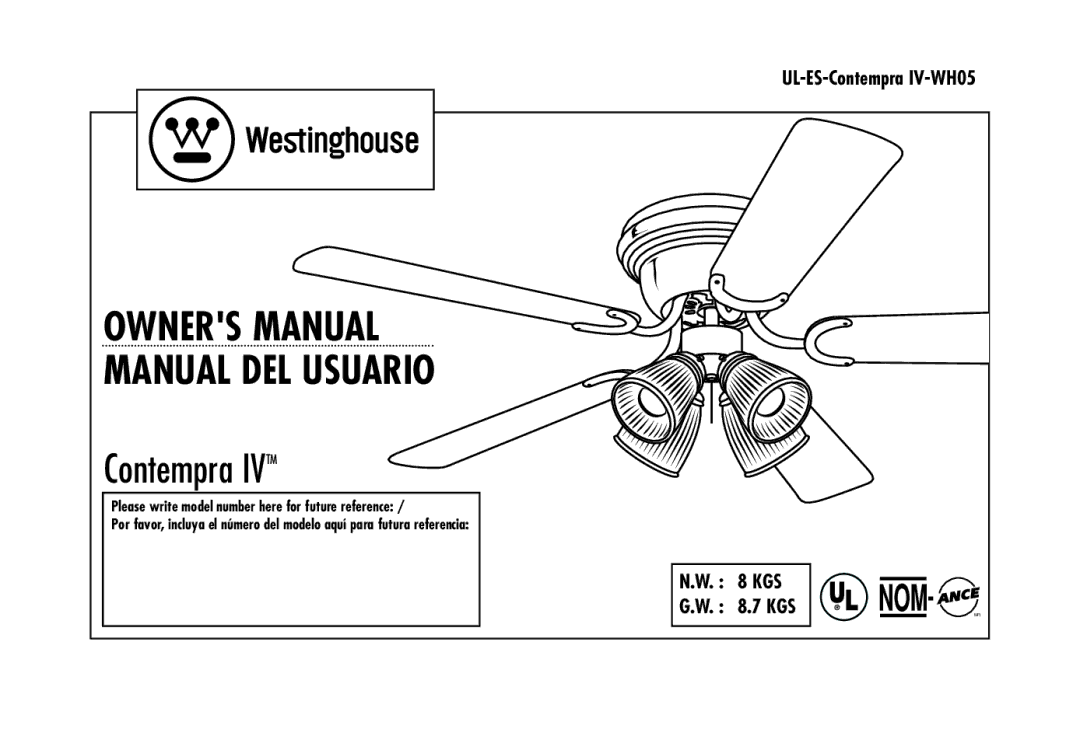 Westinghouse UL-ES-Contempra IV-WH05 owner manual Manual DEL Usuario 