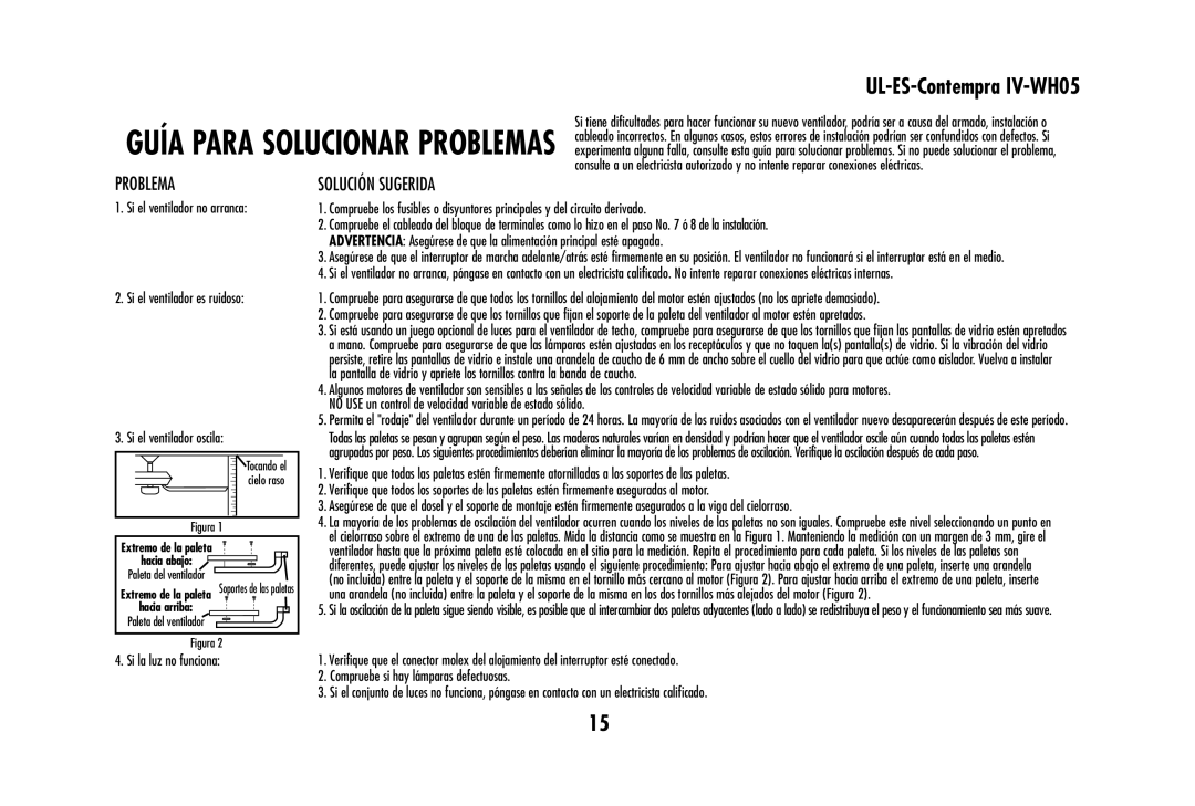 Westinghouse UL-ES-Contempra IV-WH05 owner manual Problema, Solución Sugerida 