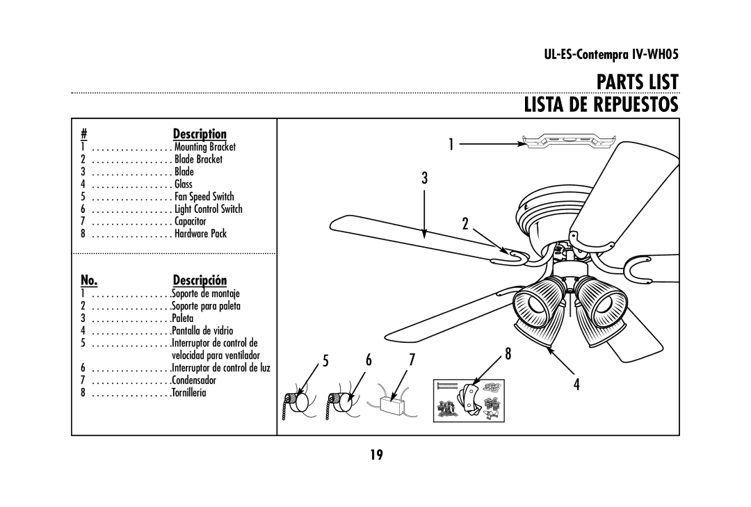 Westinghouse UL-ES-Contempra IV-WH05 owner manual Parts List Lista DE Repuestos, Description 