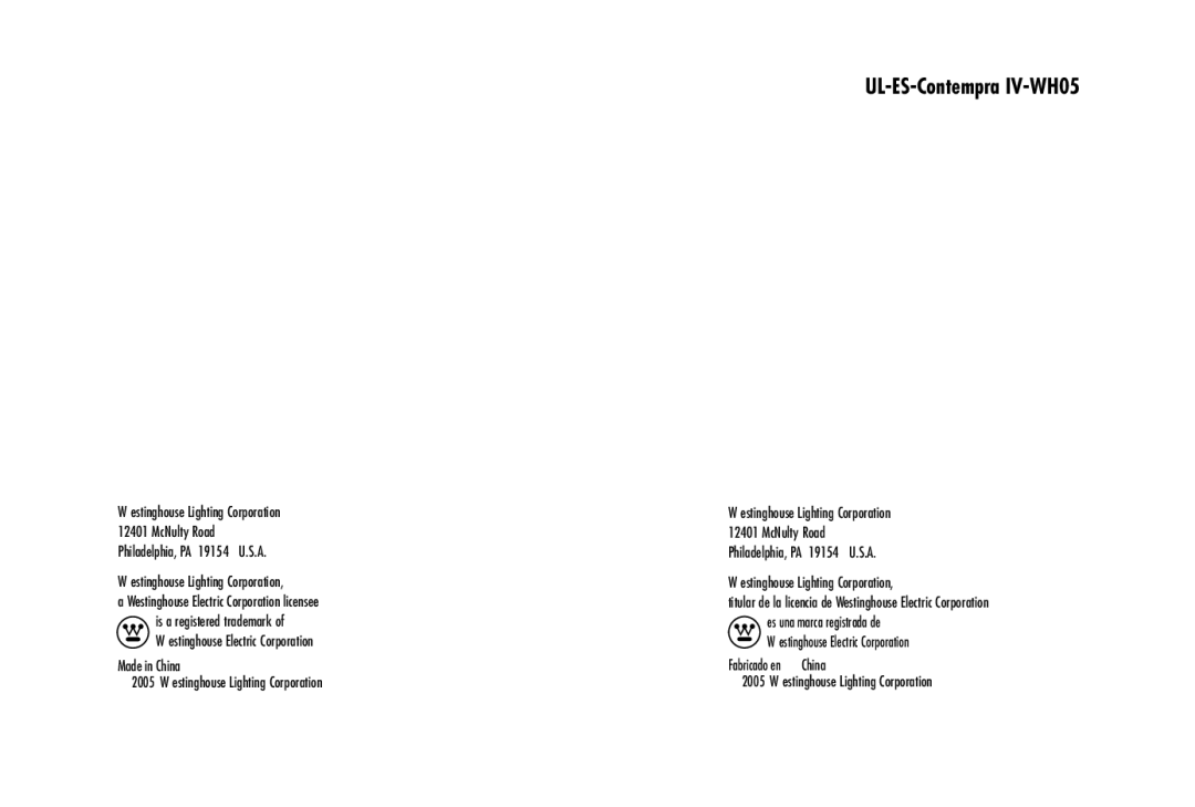 Westinghouse UL-ES-Contempra IV-WH05 owner manual 