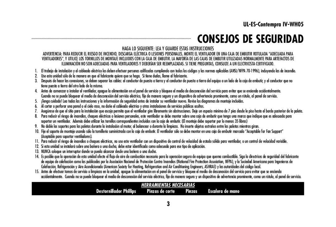 Westinghouse UL-ES-Contempra IV-WH05 owner manual Consejos DE Seguridad, Haga LO Siguiente LEA Y Guarde Estas Instrucciones 