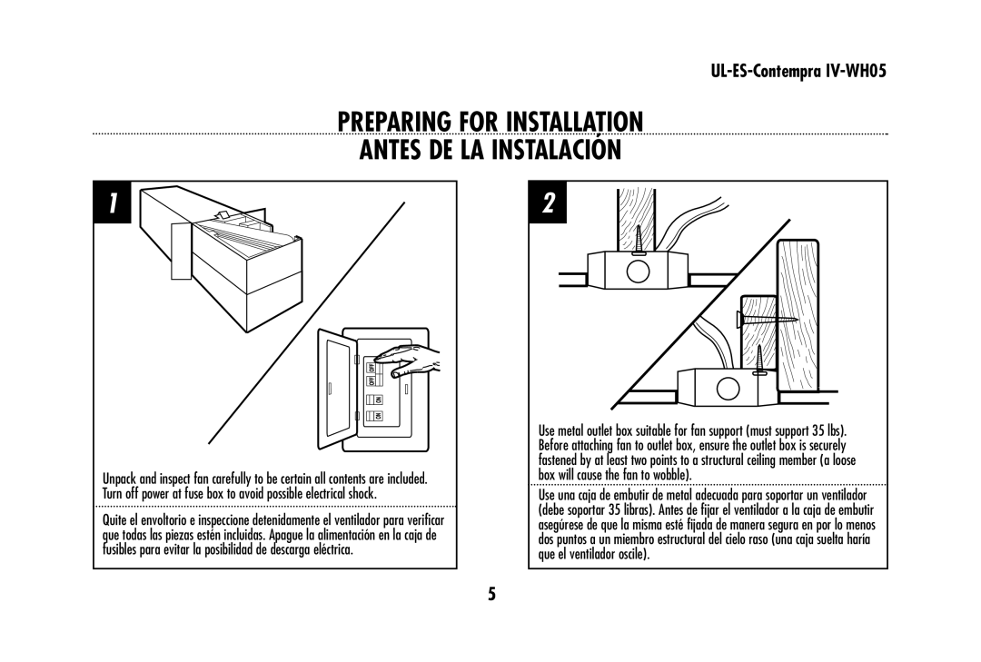 Westinghouse UL-ES-Contempra IV-WH05 owner manual Preparing for Installation Antes DE LA Instalación 