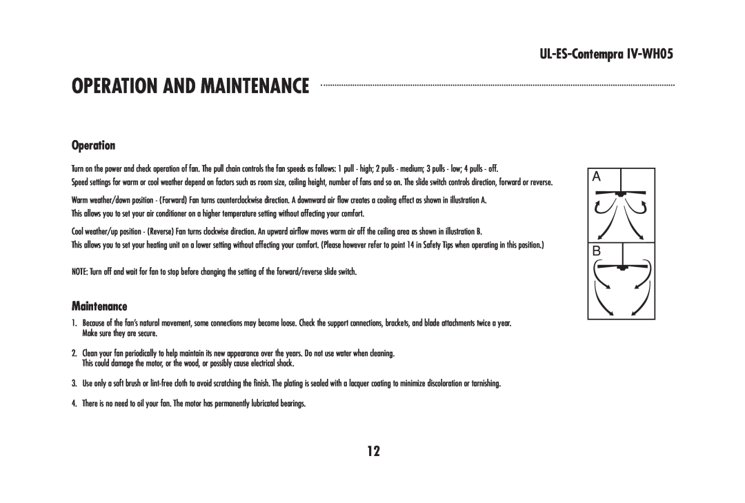 Westinghouse UL-ES-Contempra IV-WH05 owner manual Operation And Maintenance 