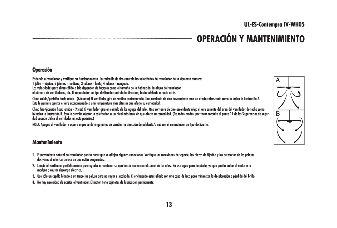 Westinghouse UL-ES-Contempra IV-WH05 owner manual Operación Y Mantenimiento 
