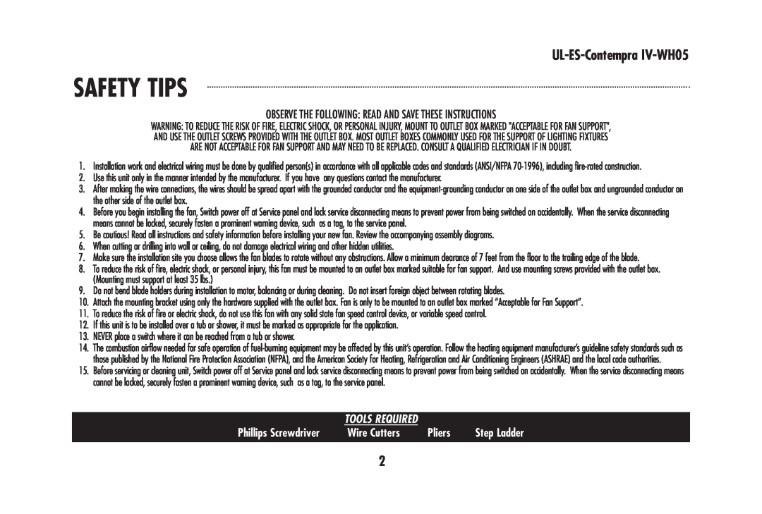 Westinghouse UL-ES-Contempra IV-WH05 owner manual Safety Tips, Wire Cutters, Pliers, Phillips Screwdriver 
