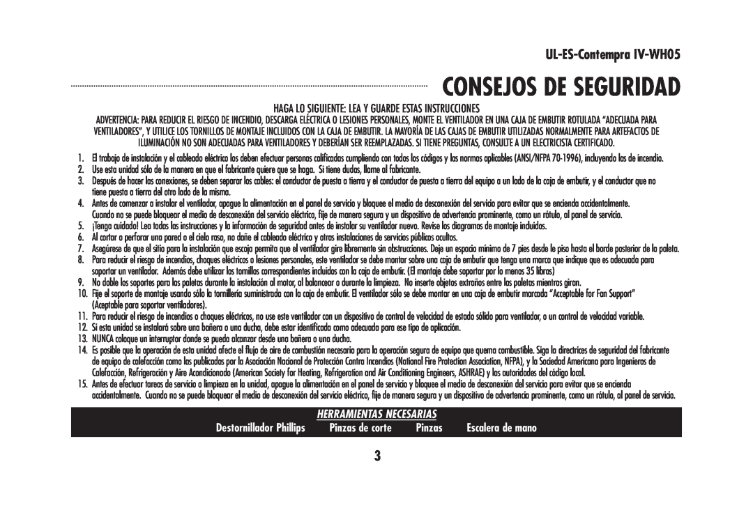 Westinghouse UL-ES-Contempra IV-WH05 owner manual Consejos De Seguridad, Pinzas de corte 