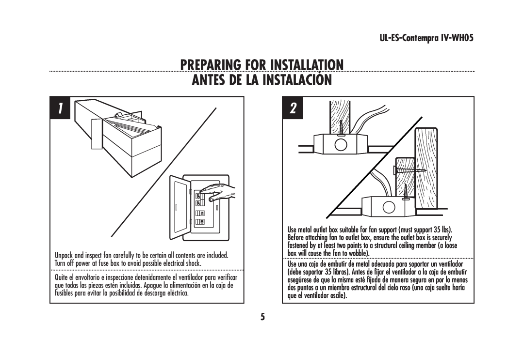 Westinghouse UL-ES-Contempra IV-WH05 owner manual Preparing For Installation, Antes De La Instalación 