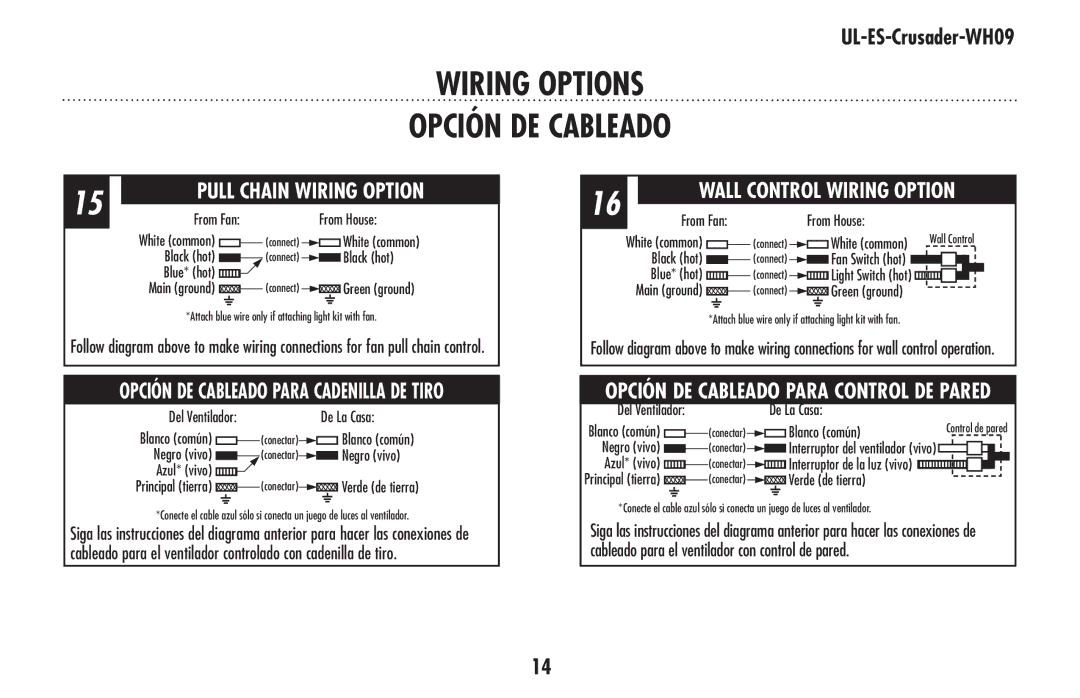 Westinghouse UL-ES-Crusader-WH09 owner manual Wiring Options, Opción DE Cableado 