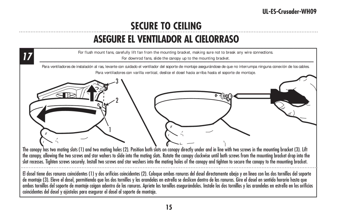 Westinghouse UL-ES-Crusader-WH09 owner manual Asegure el ventilador al cielorraso 