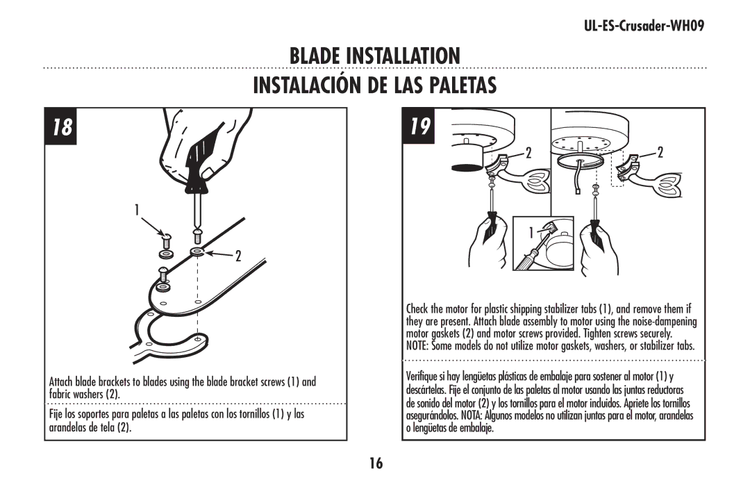 Westinghouse UL-ES-Crusader-WH09 owner manual Blade Installation Instalación de las paletas 