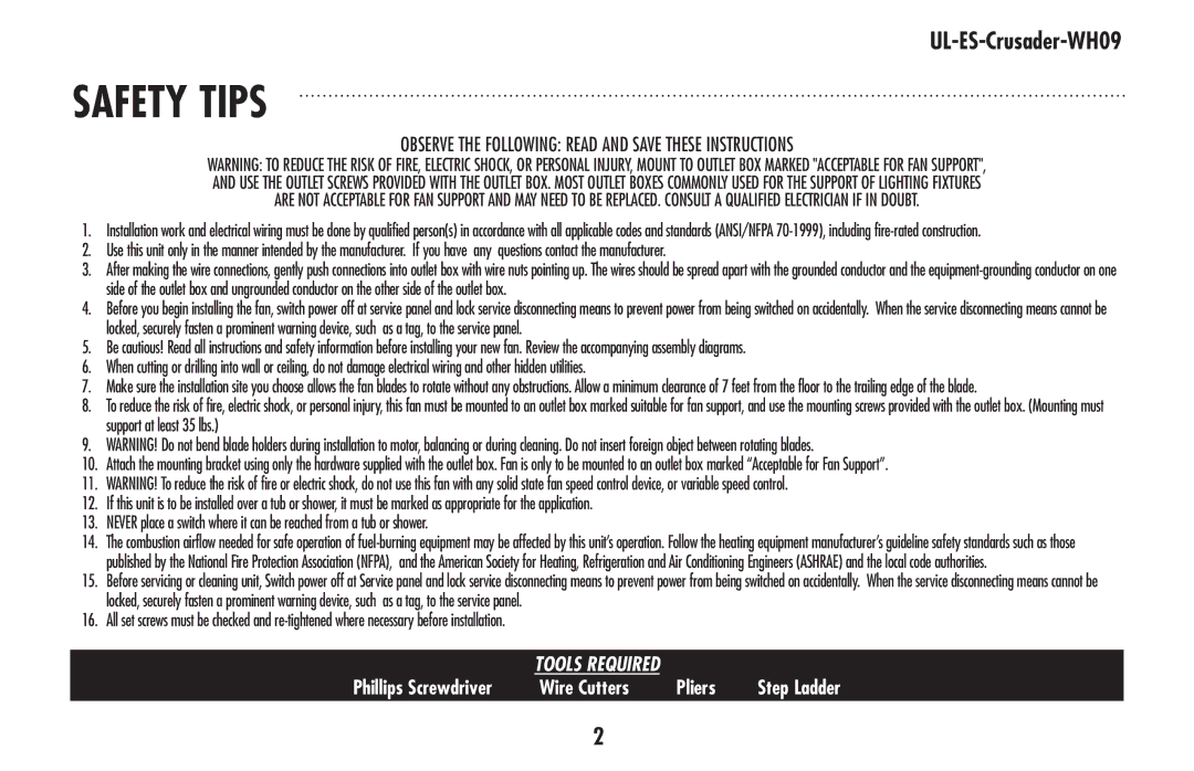 Westinghouse UL-ES-Crusader-WH09 owner manual Safety tips 