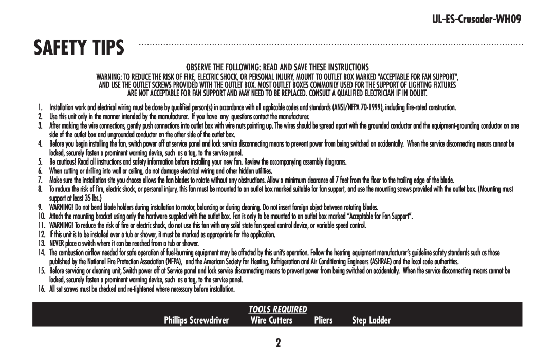 Westinghouse UL-ES-Crusader-WH09 Safety tips, Observe The Following Read And Save These Instructions, Wire Cutters, Pliers 