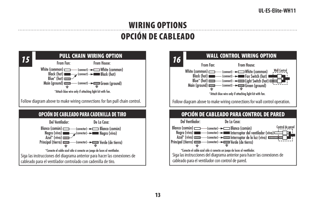 Westinghouse UL-ES-Elite-WH11 manual Wiring Options, Opción DE Cableado 