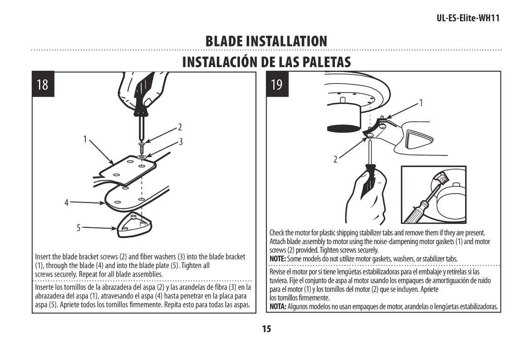 Westinghouse UL-ES-Elite-WH11 manual Blade Installation Instalación de las paletas 