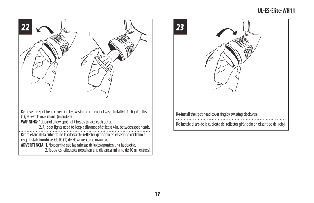 Westinghouse UL-ES-Elite-WH11 manual Re-install the spot head cover ring by twisting clockwise 