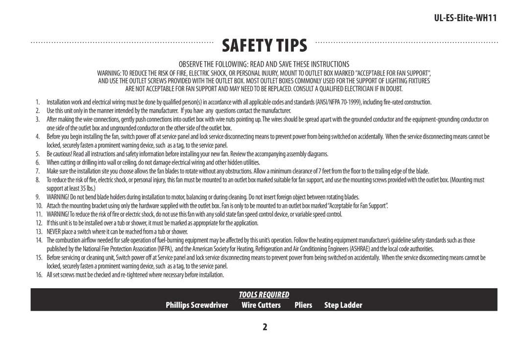 Westinghouse UL-ES-Elite-WH11 manual Safety tips 