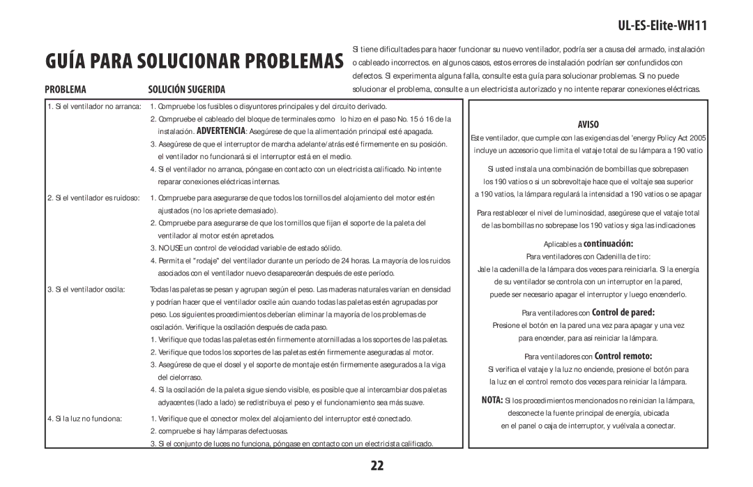 Westinghouse UL-ES-Elite-WH11 manual GUía Para SOLUCiOnar PrOBLEMaS 