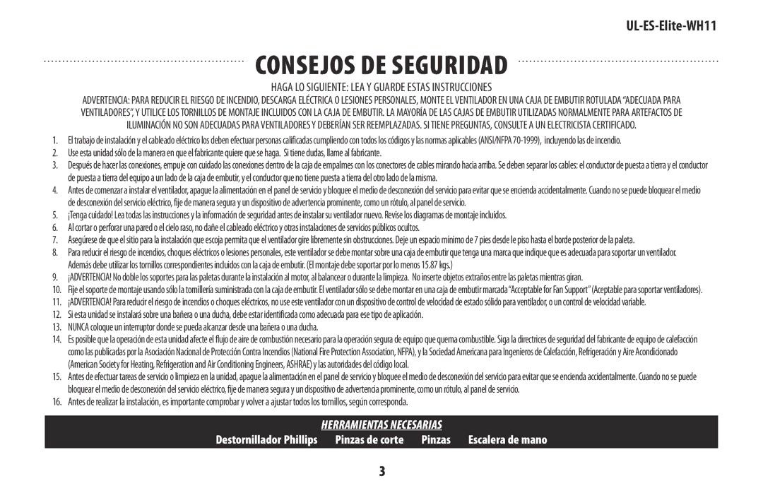 Westinghouse UL-ES-Elite-WH11 manual Consejos de seguridad 