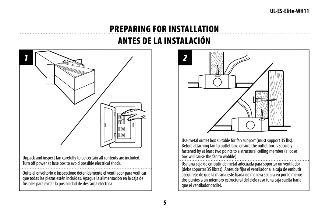 Westinghouse UL-ES-Elite-WH11 manual PREPARING for installation Antes de la instalación 