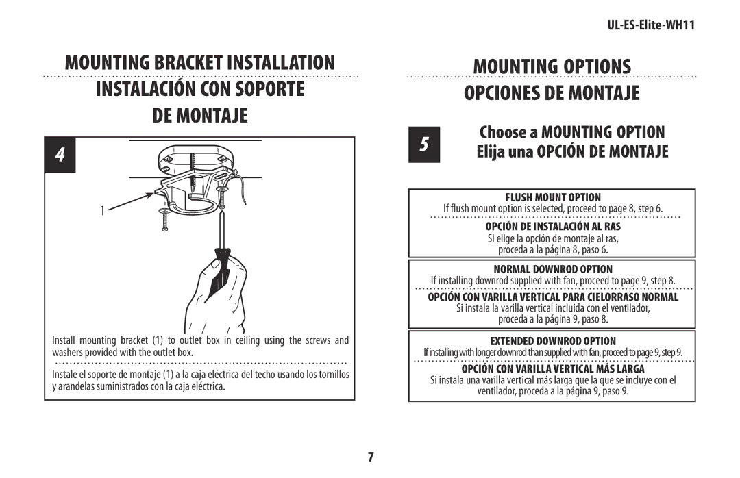 Westinghouse UL-ES-Elite-WH11 manual Mounting Options Opciones DE Montaje, Elija una Opción DE Montaje 