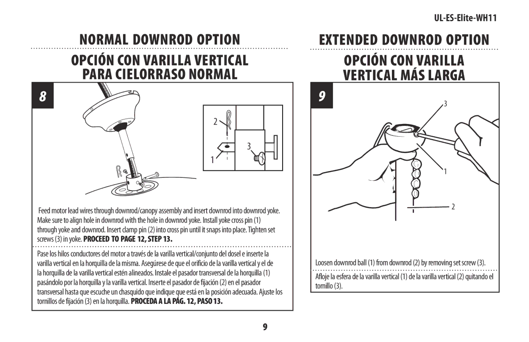 Westinghouse UL-ES-Elite-WH11 manual Normal Downrod Option, Para Cielorraso Normal, Opción CON Varilla Vertical MÁS Larga 