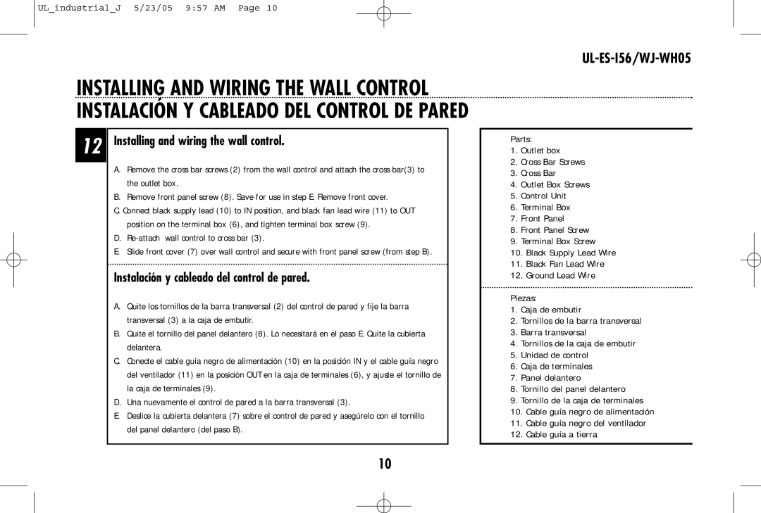 Westinghouse UL-ES-I56/WJ-WH05 owner manual Installing and wiring the wall control 