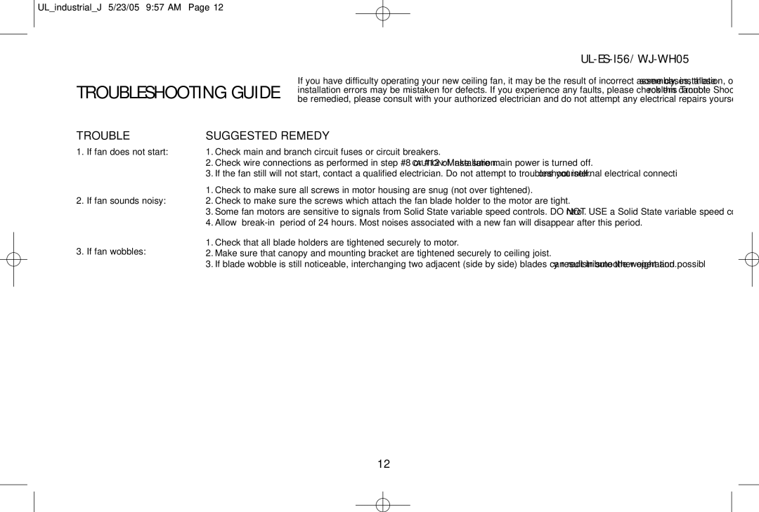 Westinghouse UL-ES-I56/WJ-WH05 owner manual Trouble, Suggested Remedy 