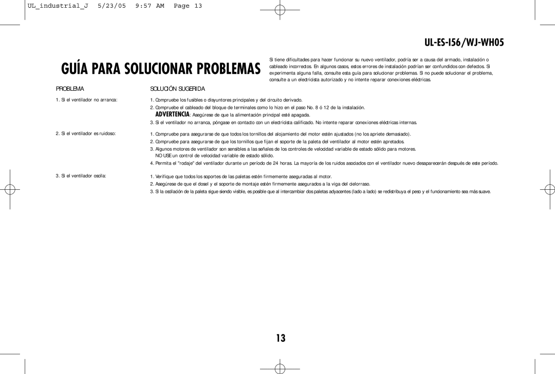 Westinghouse UL-ES-I56/WJ-WH05 owner manual Problema, Solución Sugerida 