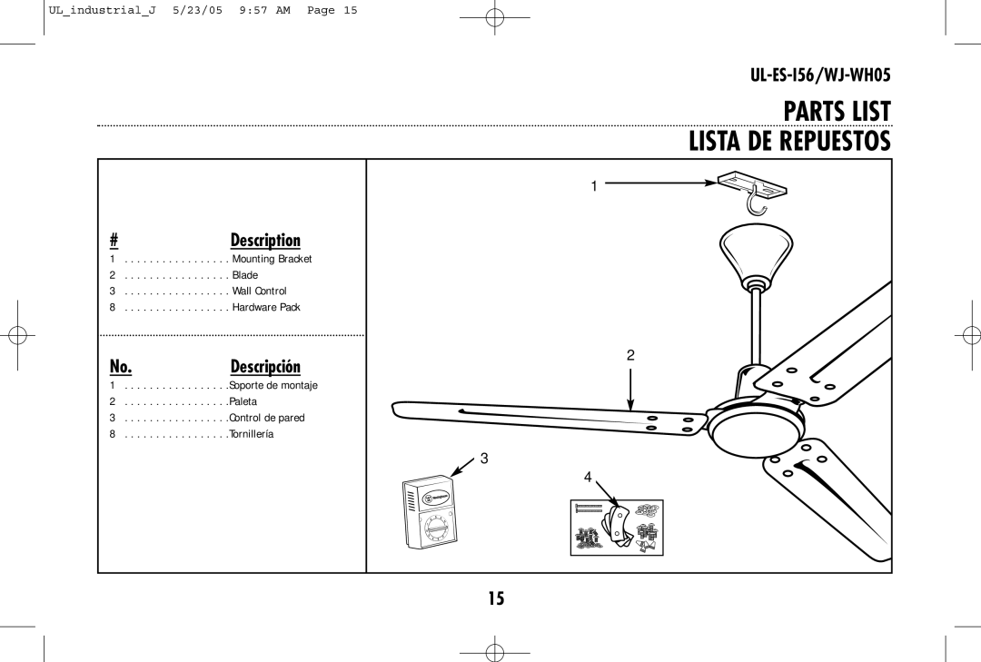 Westinghouse UL-ES-I56/WJ-WH05 owner manual Parts List Lista DE Repuestos 