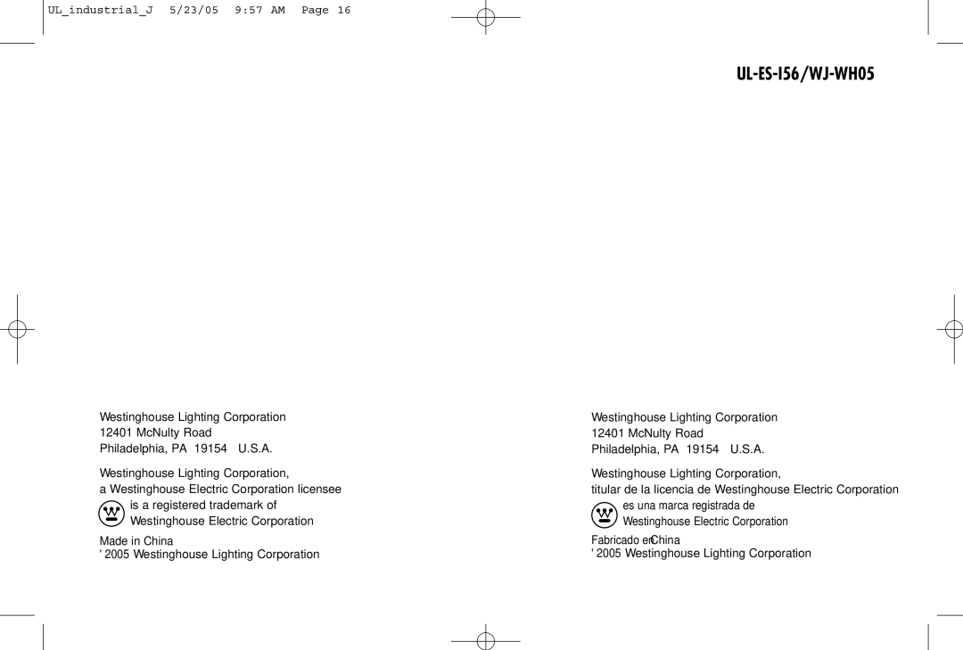 Westinghouse UL-ES-I56/WJ-WH05 owner manual 