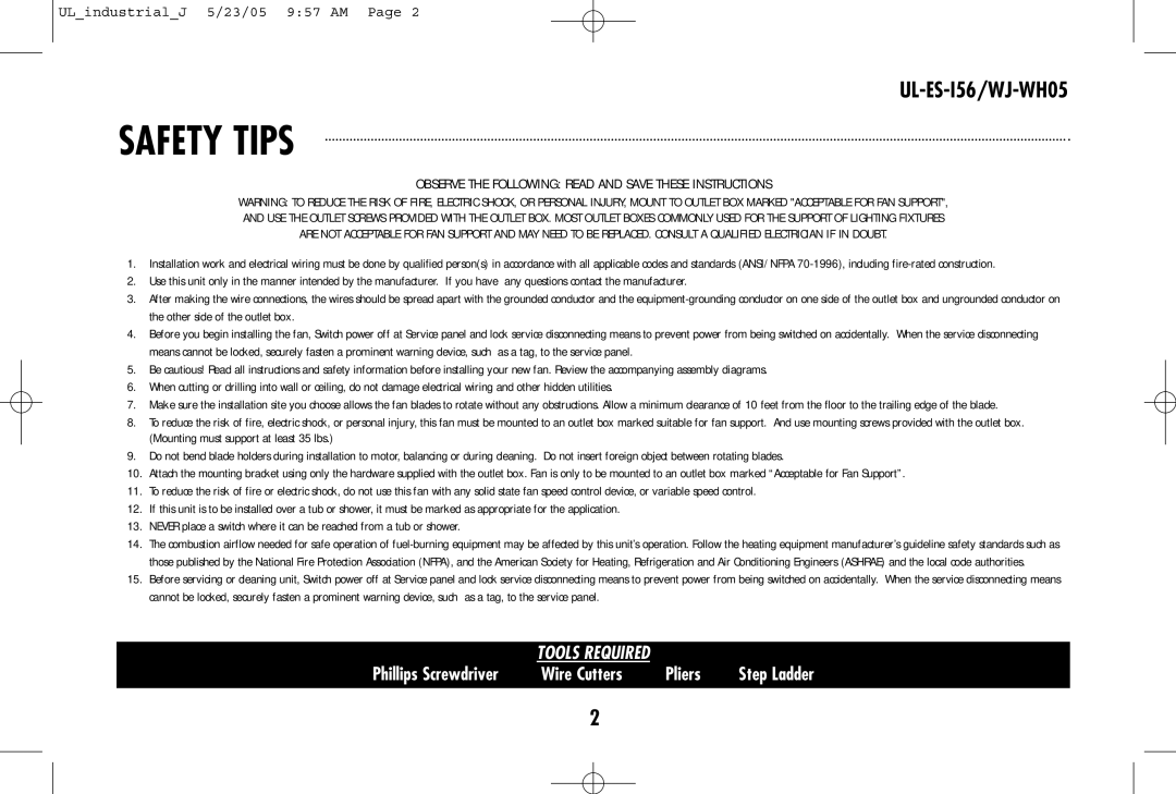 Westinghouse UL-ES-I56/WJ-WH05 owner manual Safety Tips, Observe the Following Read and Save These Instructions 