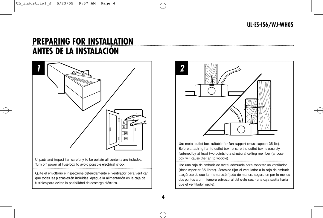 Westinghouse UL-ES-I56/WJ-WH05 owner manual Preparing for Installation Antes DE LA Instalación 