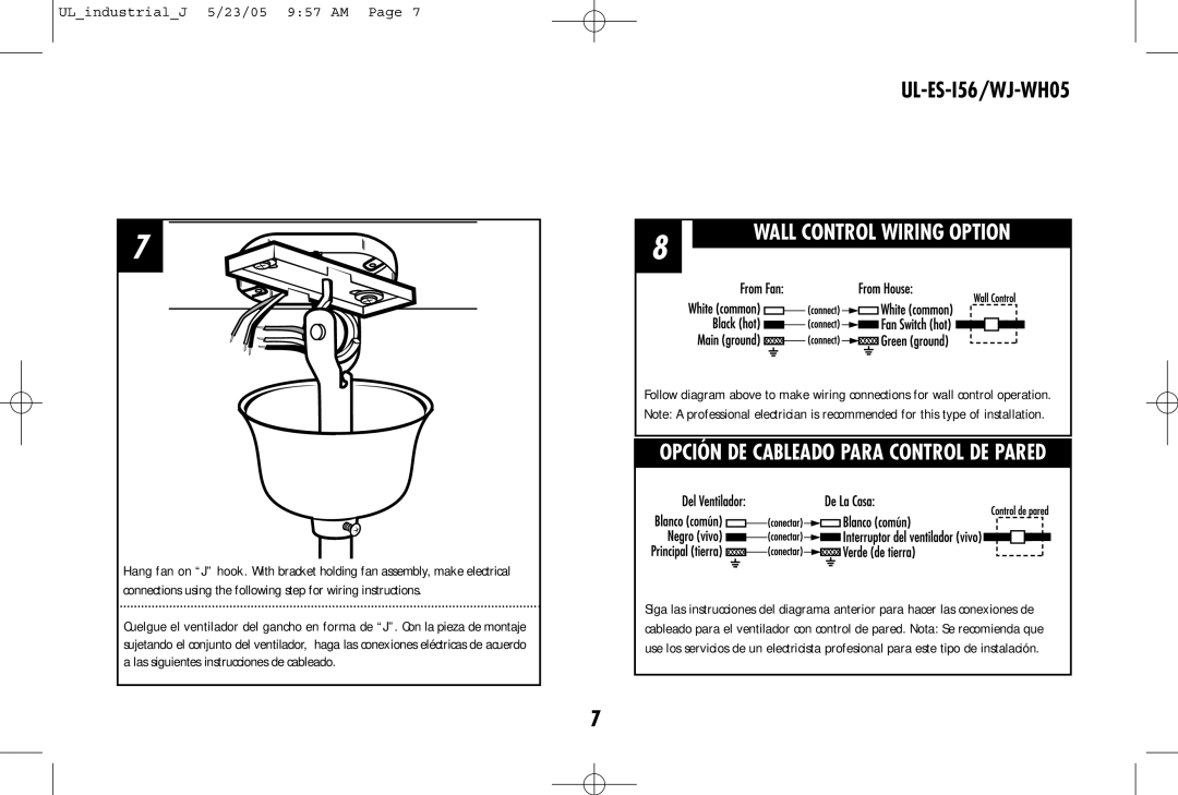 Westinghouse UL-ES-I56/WJ-WH05 owner manual Wall Control Wiring Option 